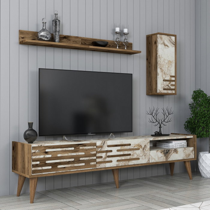 Hanah Home Valensiya Mueble de TV - Nogal, Blanco, Mármol